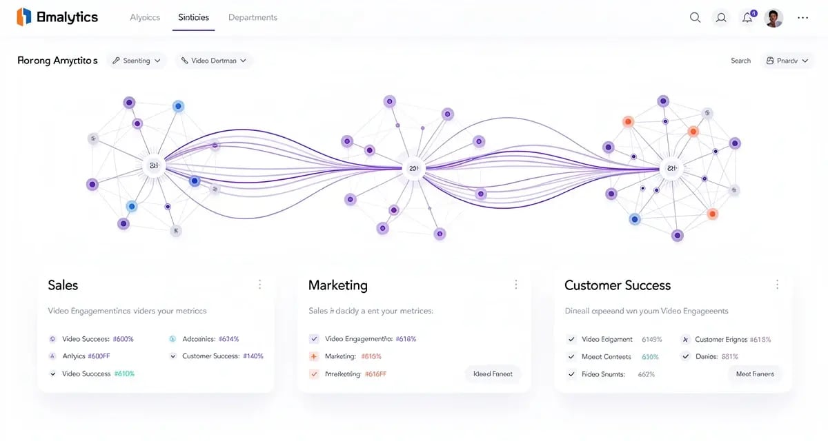 Abstract visualization of AI-personalized video engagement data connecting sales, marketing, and customer success teams