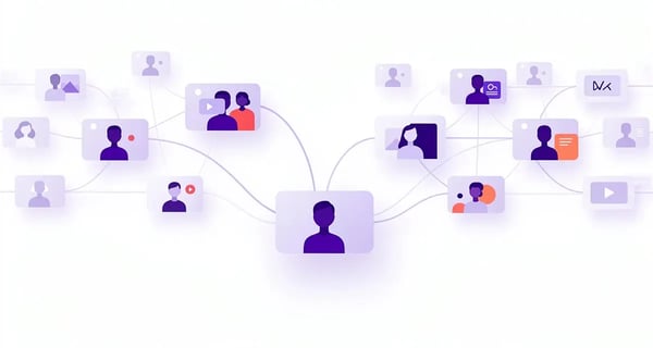 Abstract visualization of one recorded video branching into thousands of AI-personalized video variants for B2B sales