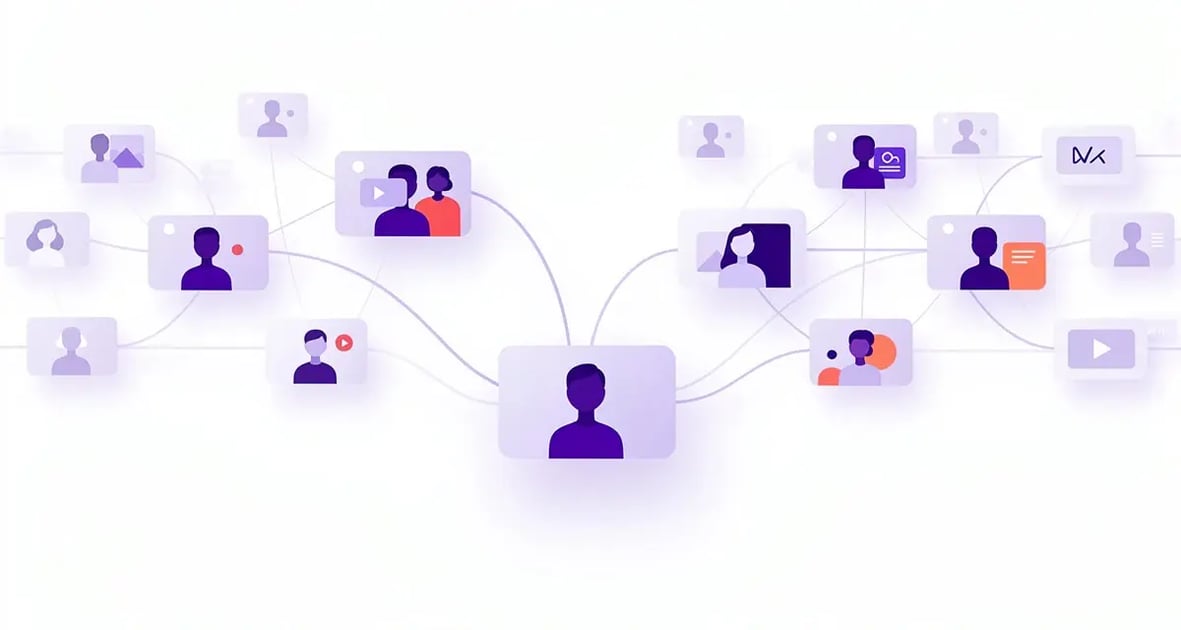 Abstract visualization of one recorded video branching into thousands of AI-personalized video variants for B2B sales