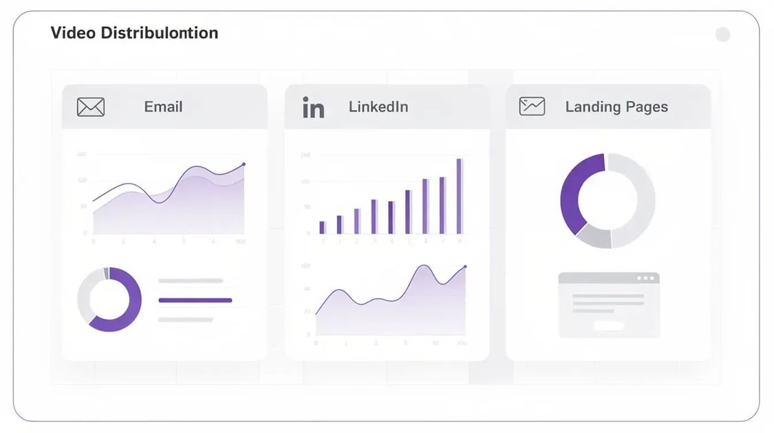Multi-channel personalized video distribution dashboard showing email LinkedIn and landing page campaign metrics for B2B marketing teams