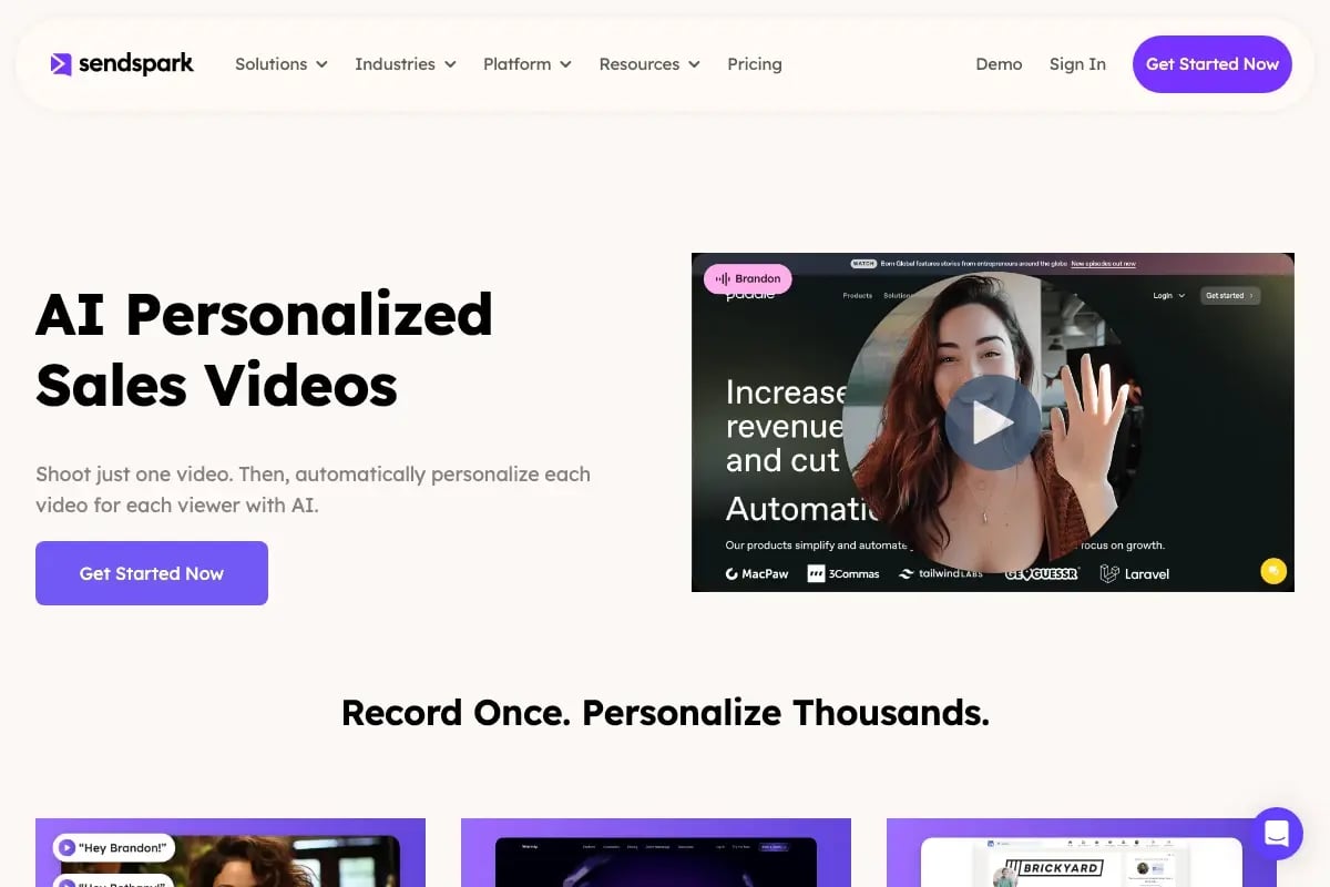 Sendspark AI personalization setup screen showing voice cloning configuration for scaling video across sales teams