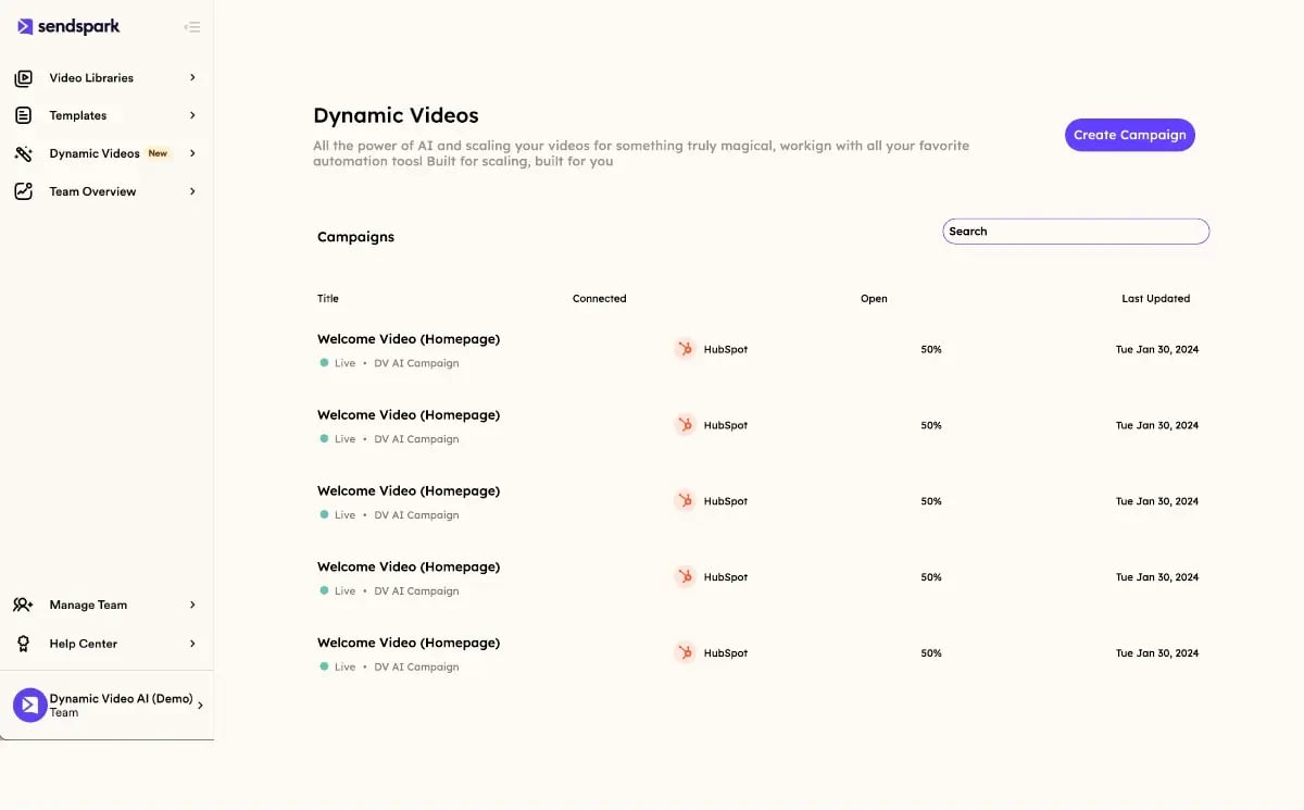 Sendspark dynamic video automation interface showing workflow triggers for CRM-integrated video sequences