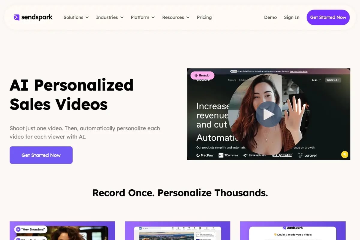 Sendspark dynamic backgrounds feature showing a prospect's company website rendered as the live video background behind the sales presenter