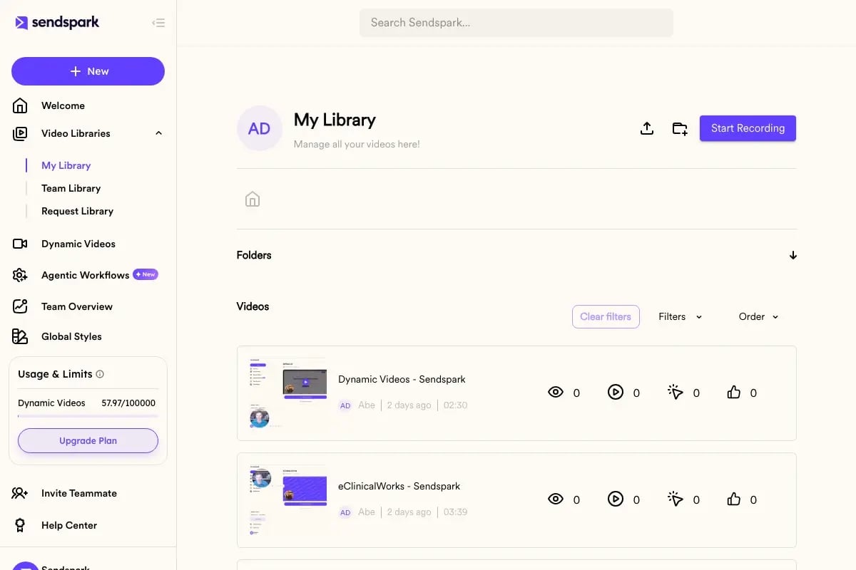 Sendspark video library showing organized training content for sales enablement teams