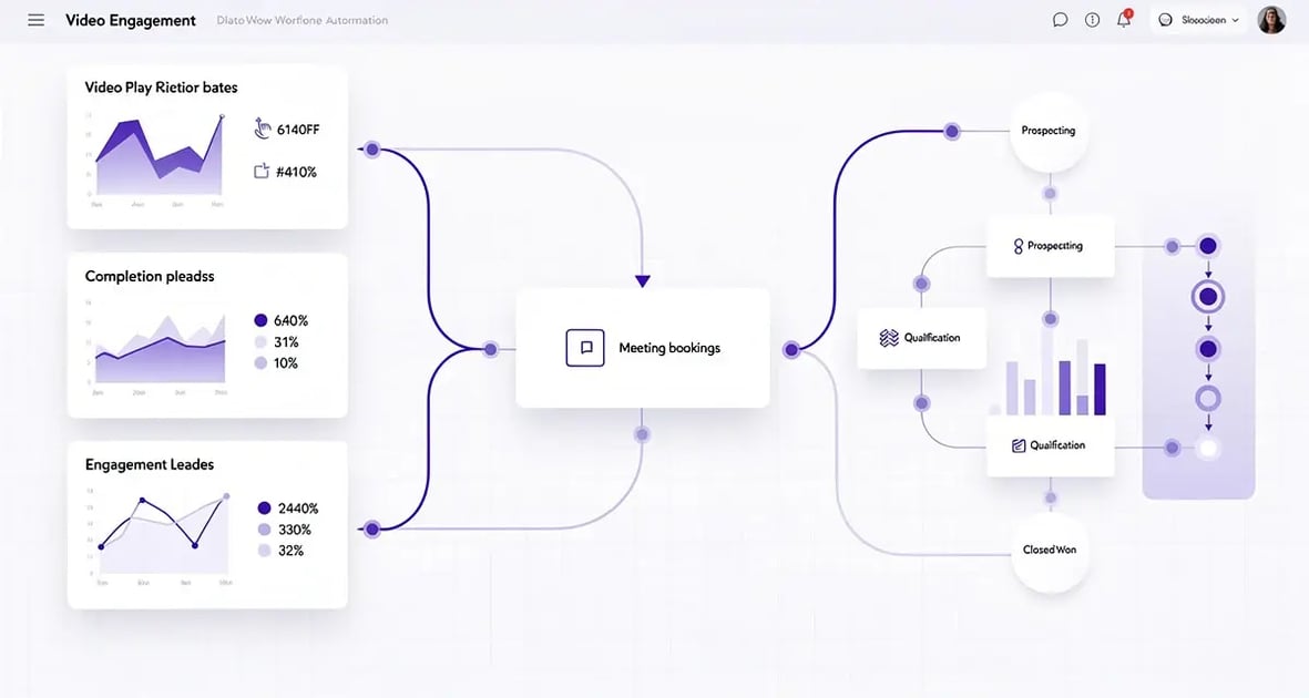 CRM workflow automation dashboard showing video engagement metrics flowing into sales pipeline stages