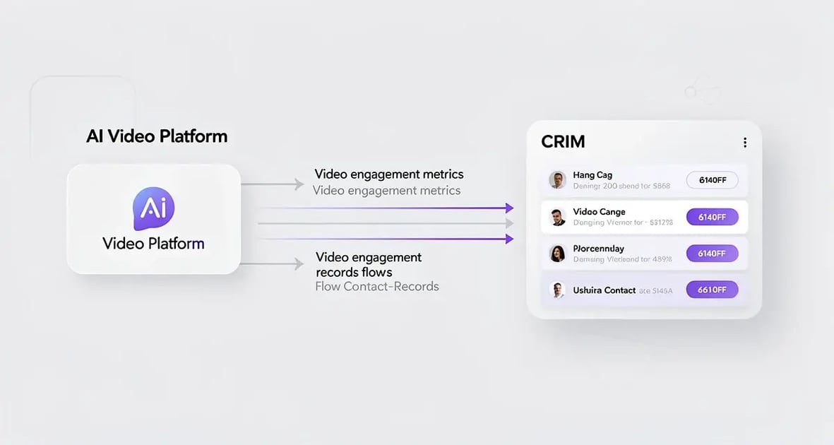 Bi-directional data sync diagram showing video engagement metrics flowing between AI video platform and CRM contact records