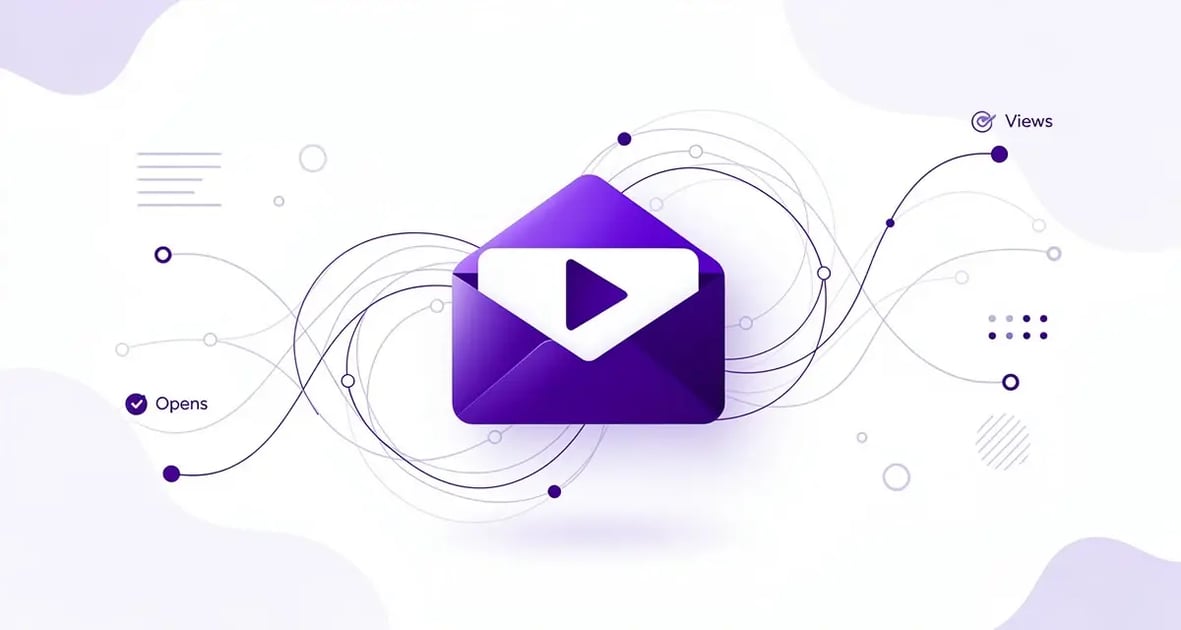 Email envelope merging into a video play button with engagement metric lines, representing video email marketing performance