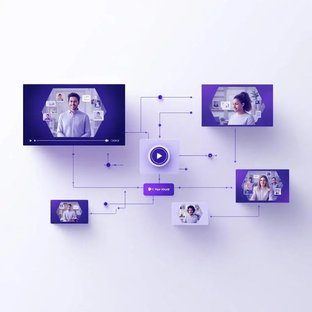 AI-powered video personalization workflow showing one base video branching into multiple personalized prospects