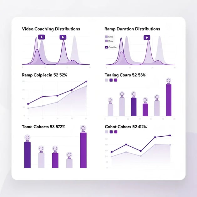 Sales rep ramp time reduction dashboard showing training completion rates and ramp metrics with video coaching