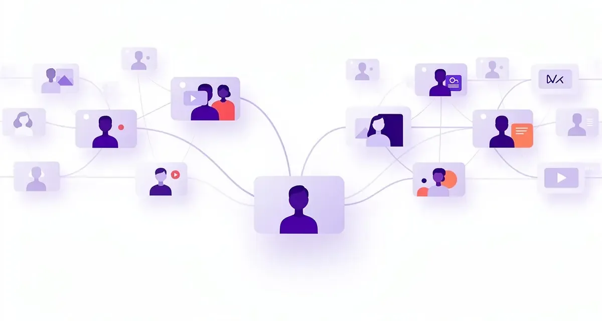 Abstract visualization of one recorded video branching into thousands of AI-personalized video variants for B2B sales