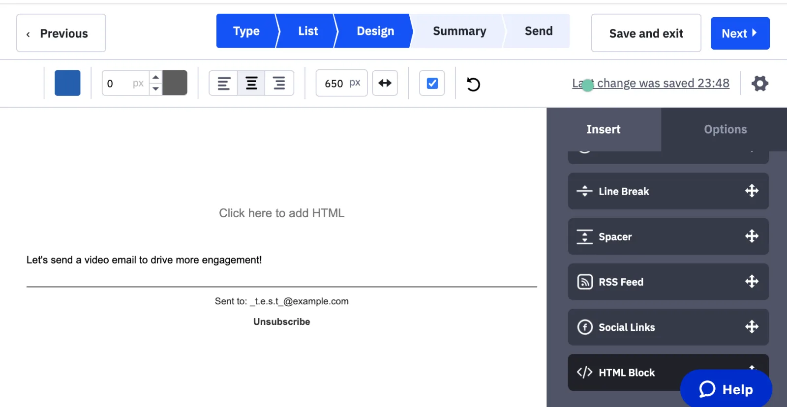 ActiveCampaign Design step with the Insert panel listing Line Break, Spacer, RSS Feed, Social Links and HTML Block