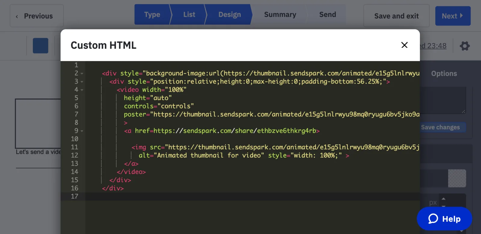 ActiveCampaign Custom HTML window with Sendspark video embed code pasted in