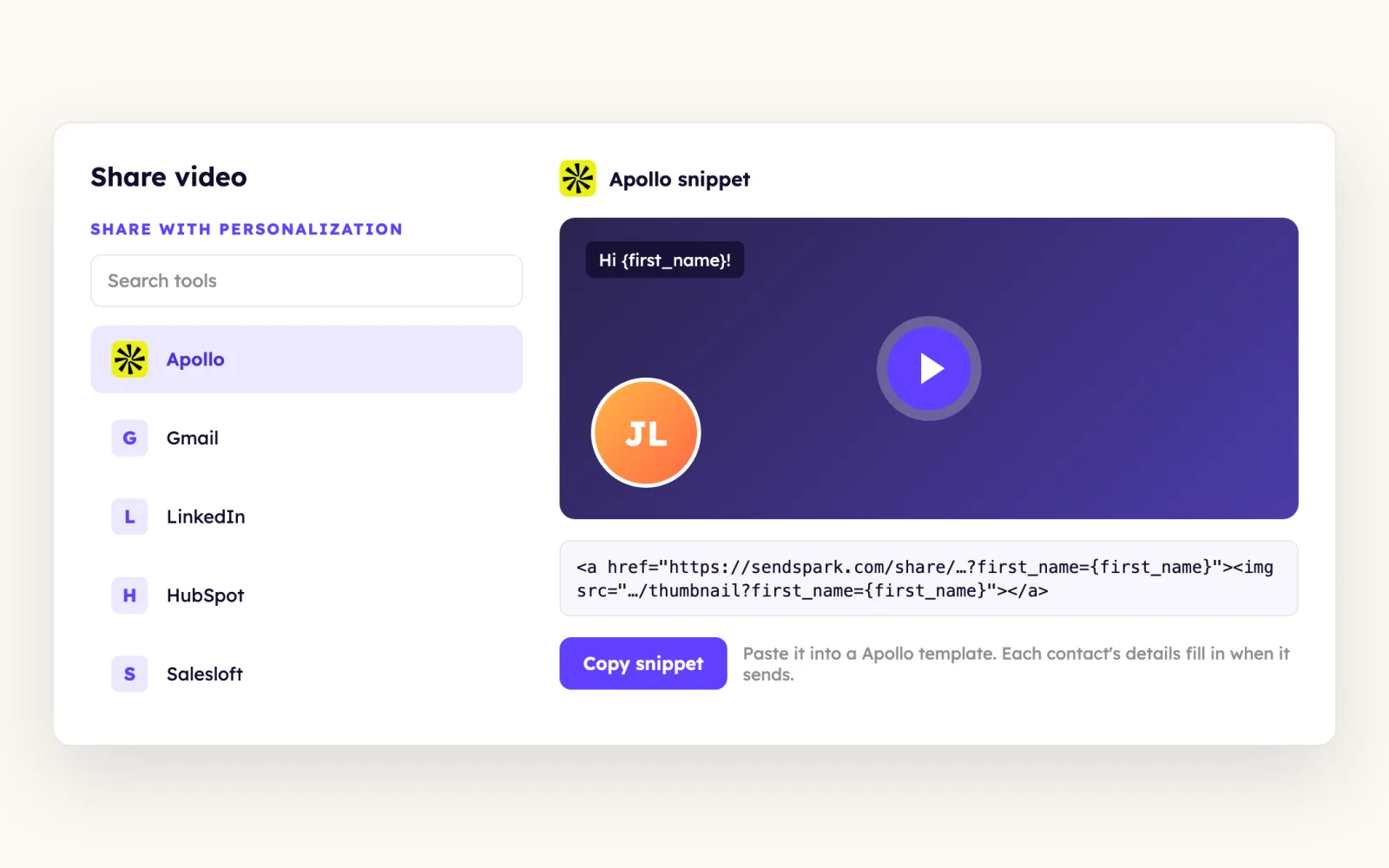 Sendspark share modal with Apollo selected under Share with Personalization and a Copy snippet button