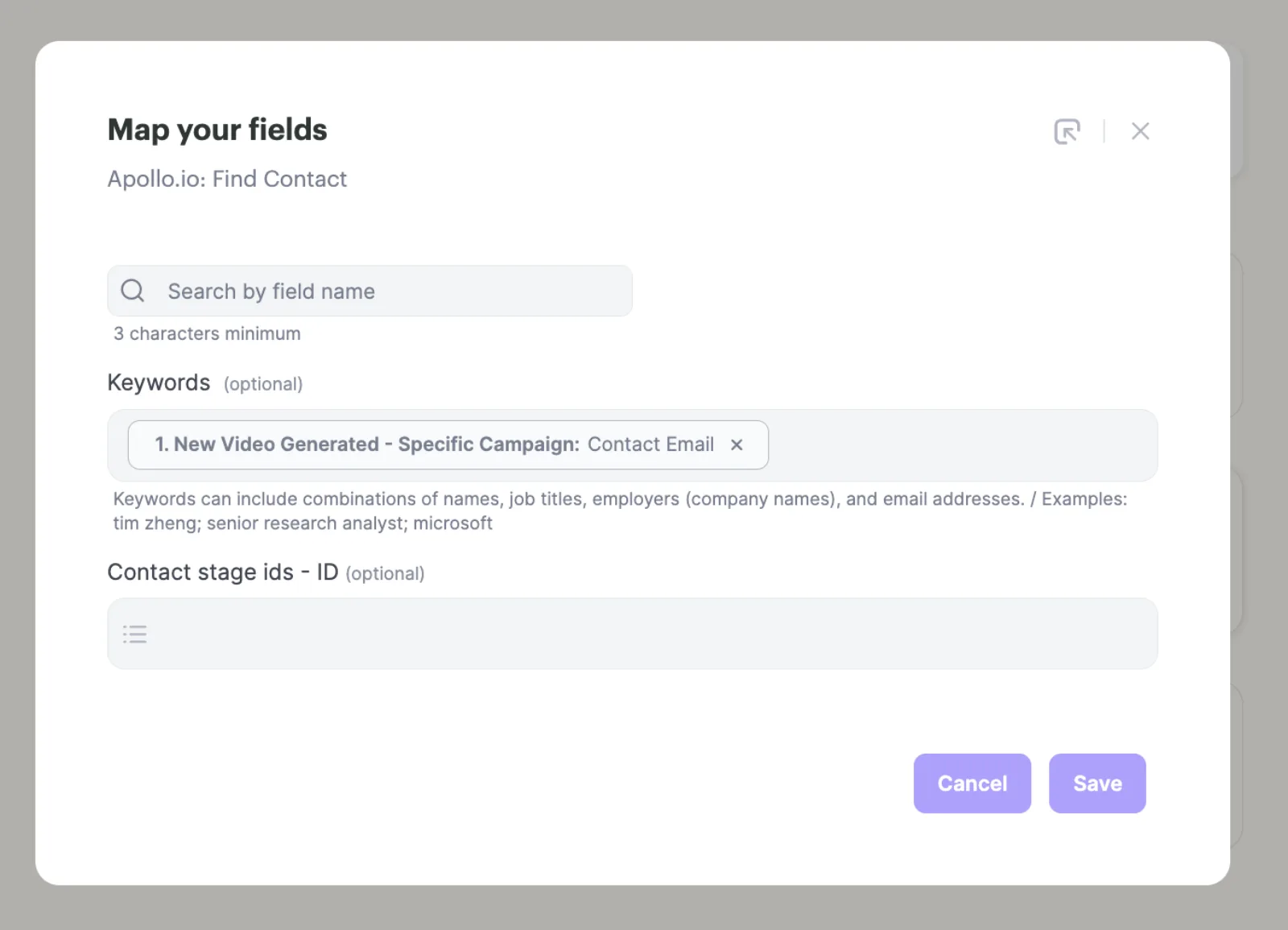 Map your fields panel for Apollo.io Find Contact, using the Contact Email from the New Video Generated trigger