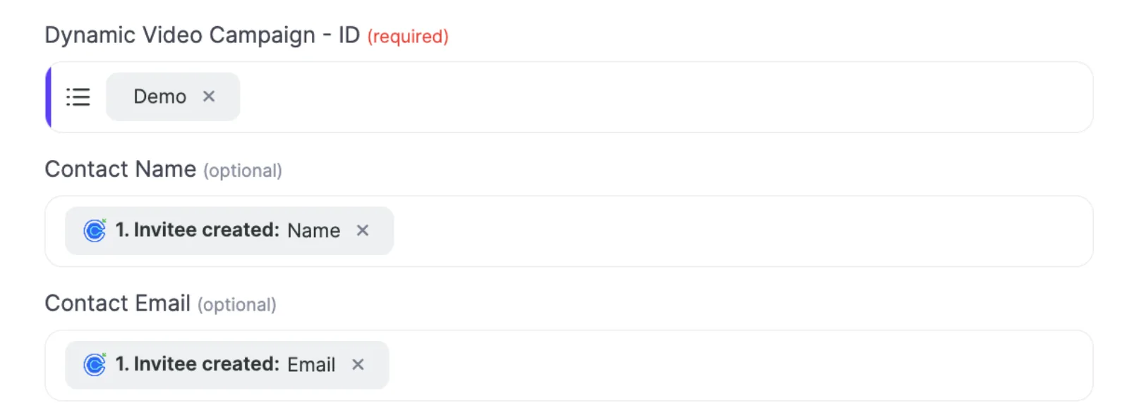 Create dynamic video fields with Calendly Invitee created Name and Email mapped to Contact Name and Contact Email