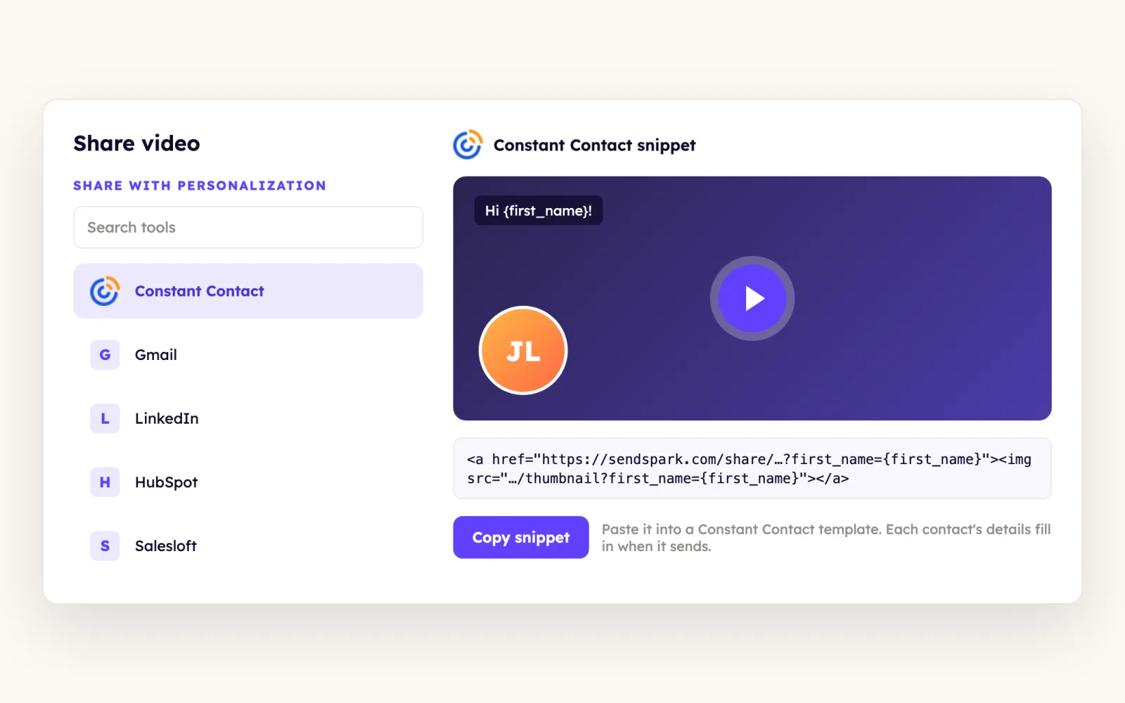Sendspark share modal with Constant Contact selected under Share with Personalization and a Copy snippet button