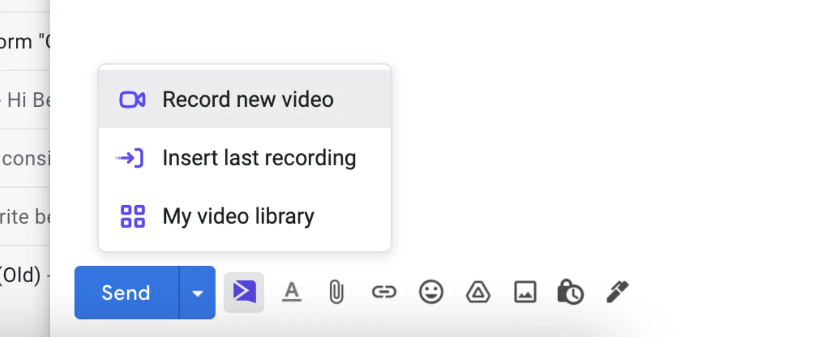 Sendspark menu in Gmail with Record new video, Insert last recording and My video library