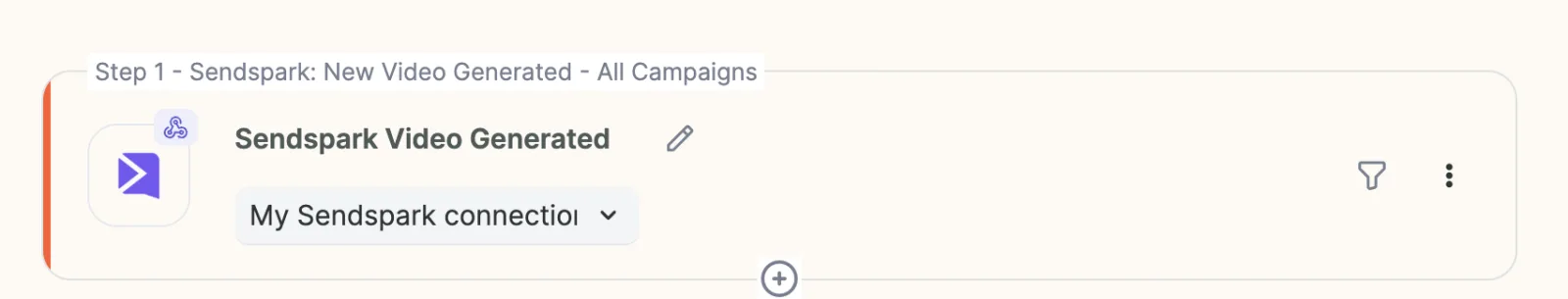 Workflow step 1 card: Sendspark New Video Generated, All Campaigns, with a Sendspark connection selected