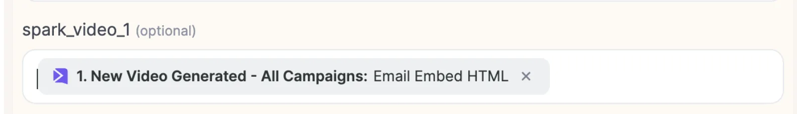 CRM field spark_video_1 mapped to the New Video Generated, All Campaigns: Email Embed HTML output