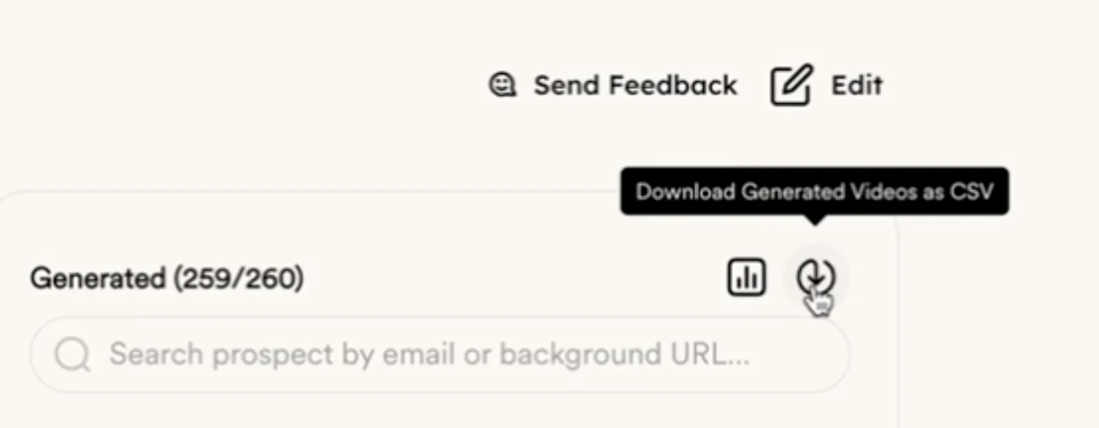 Sendspark generated videos panel with the Download Generated Videos as CSV tooltip