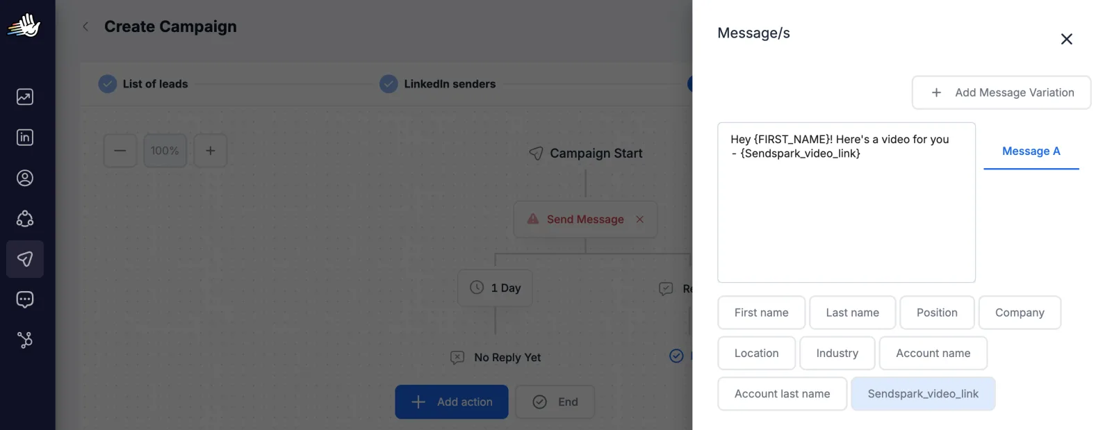 HeyReach message editor with a Sendspark_video_link variable in the message text