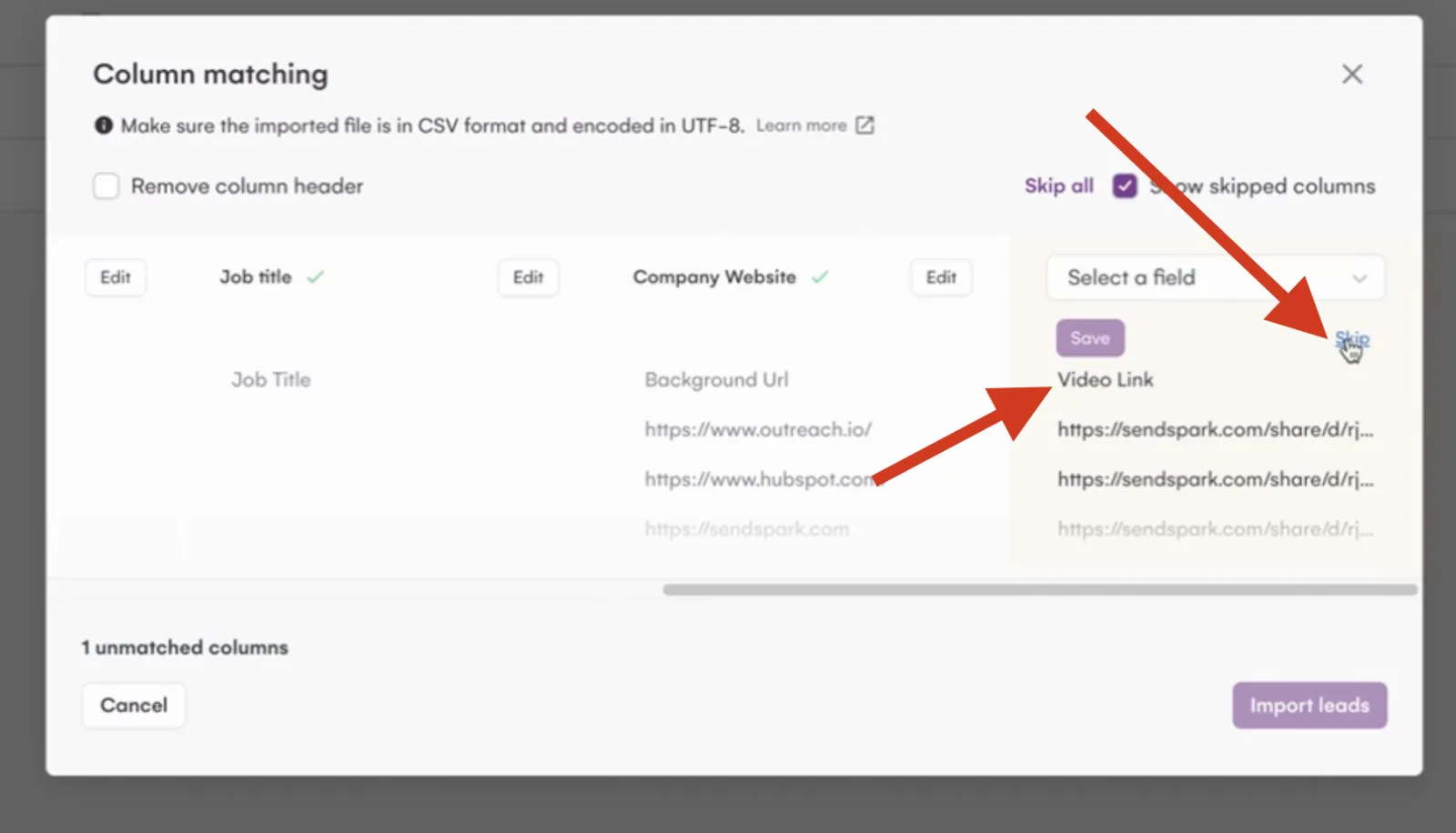 La Growth Machine Column matching dialog with a Video Link column of Sendspark share links and a Skip option