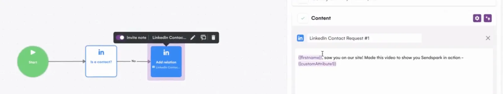LGM LinkedIn Contact Request content with {{firstname}} and {{customAttribute1}} in the message