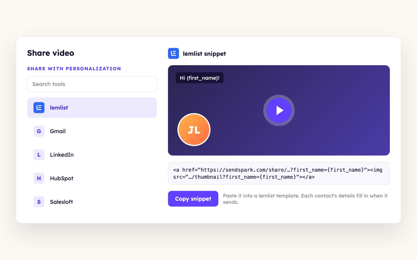 Sendspark share modal with lemlist selected under Share with Personalization and a Copy snippet button