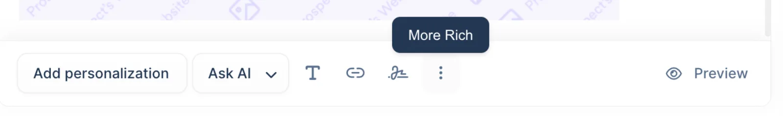 lemlist editor toolbar with the More Rich three-dots button highlighted next to Preview