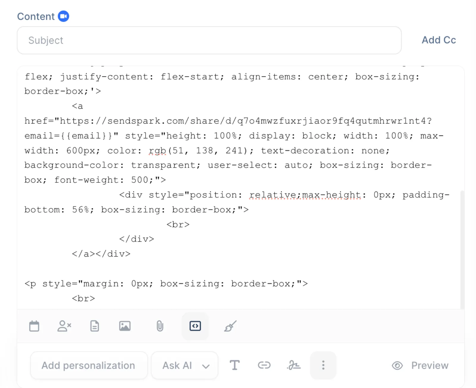lemlist email content in Code View with the Sendspark video snippet's HTML and email variable