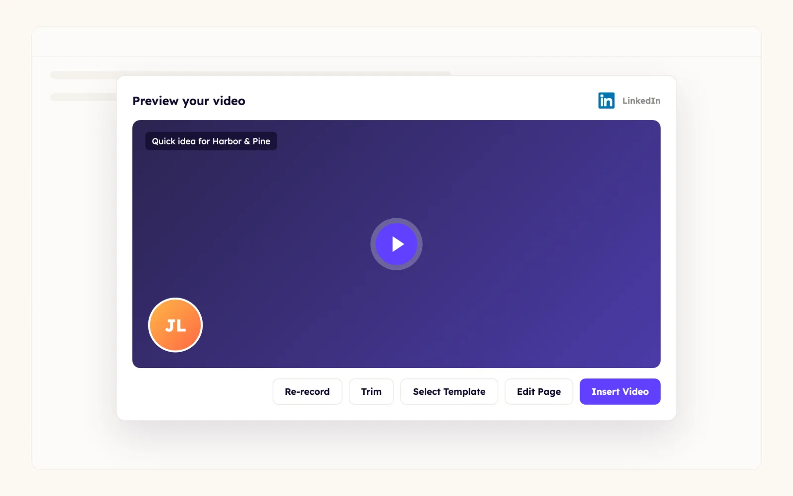 Sendspark preview of a recorded video with Re-record, Trim, Select Template, Edit Page and Insert Video buttons