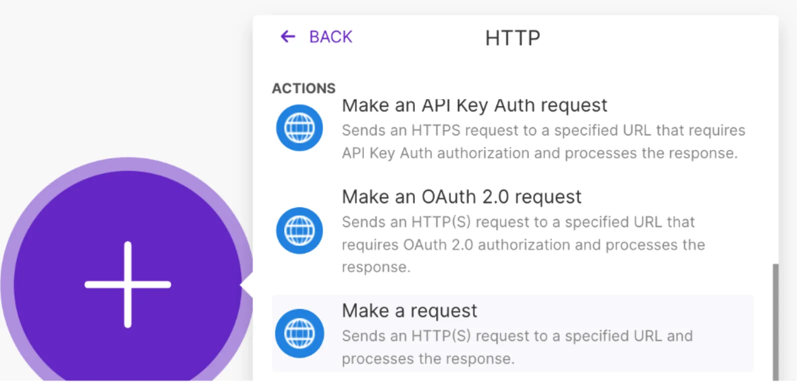 Make's HTTP module action list with Make a request highlighted