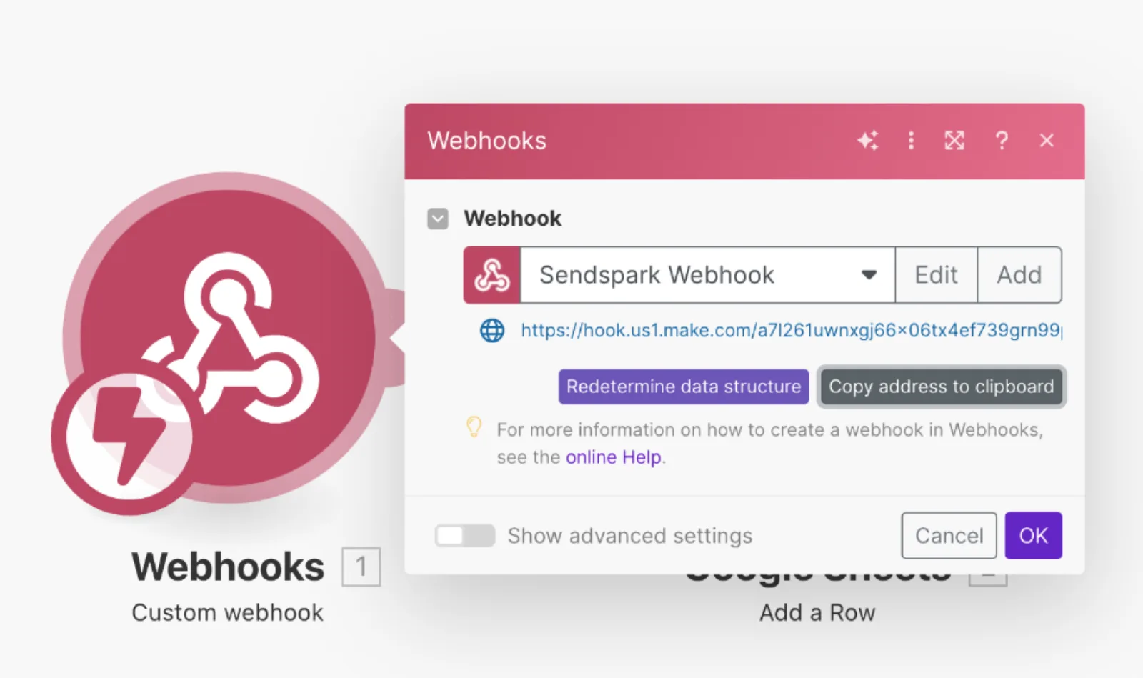 Make Custom webhook settings with a Sendspark Webhook selected and the Copy address to clipboard button