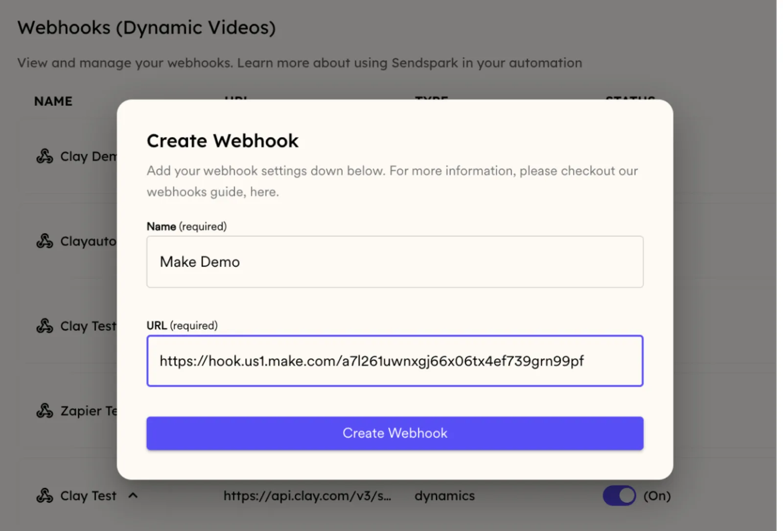 Sendspark Create Webhook dialog with a required Name and a Make webhook URL