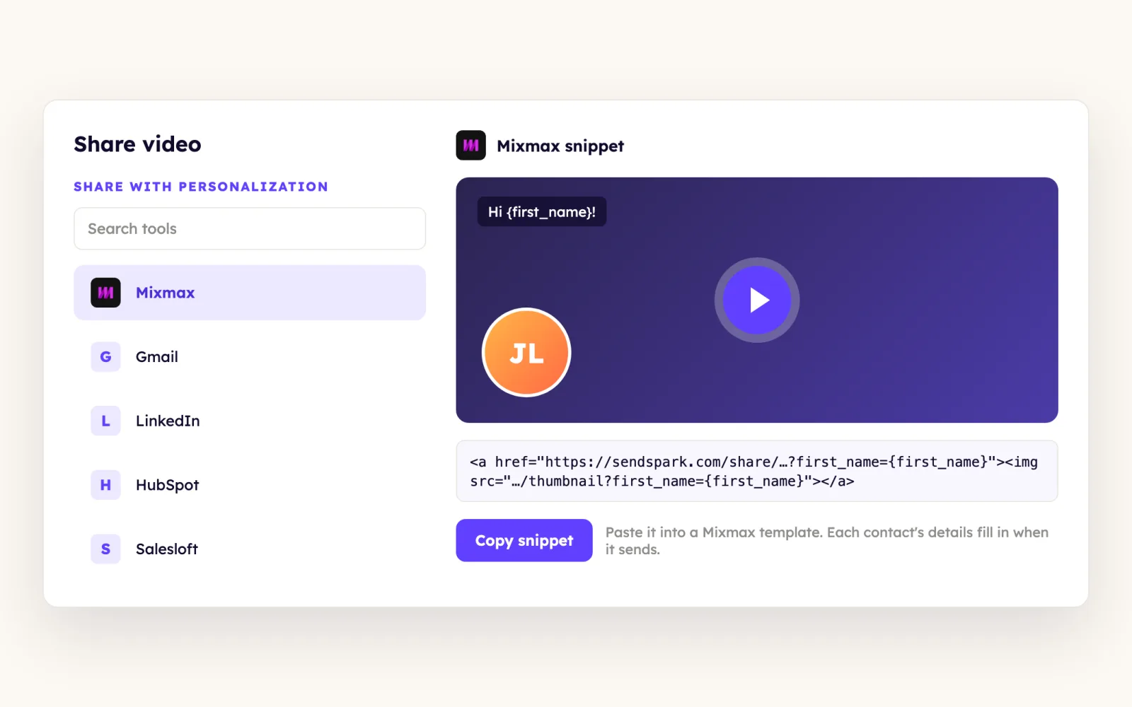 Sendspark share modal with Mixmax selected under Share with Personalization and a Copy snippet button