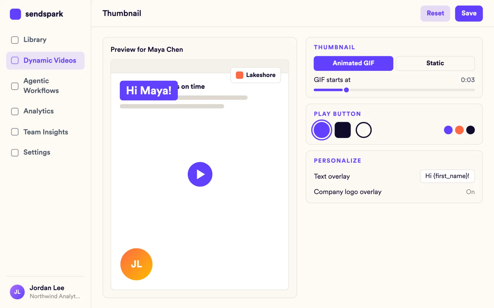 Sendspark thumbnail editor with Animated GIF and Static options and a personalized text overlay
