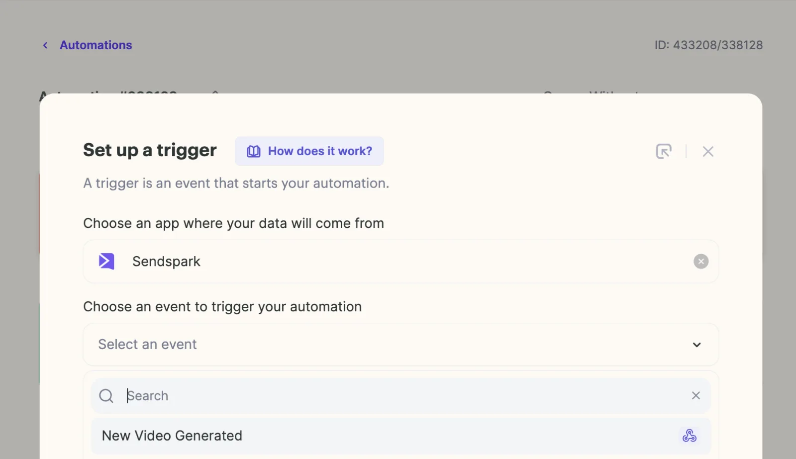 Set up a trigger dialog with Sendspark selected and New Video Generated in the event list