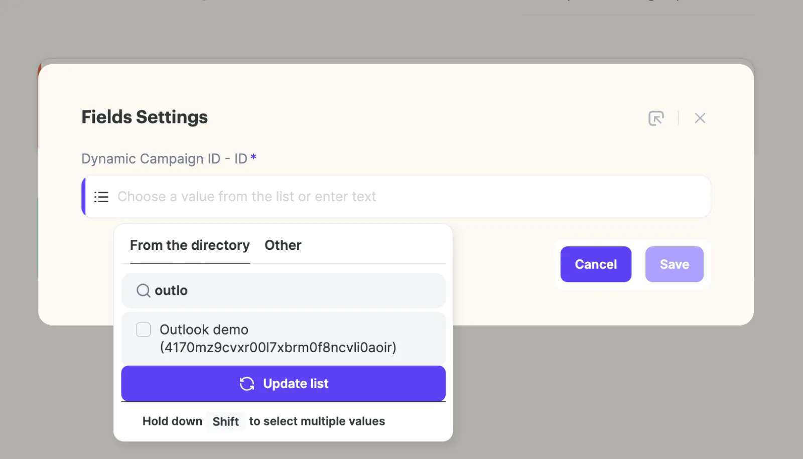 Fields Settings dialog listing a dynamic video campaign under Dynamic Campaign ID