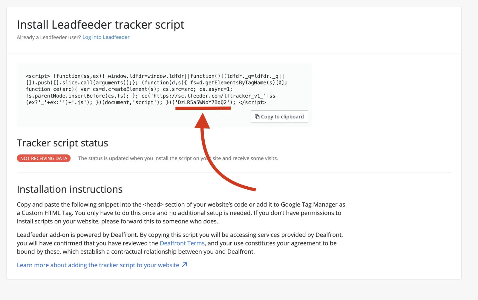 Pipedrive Web Visitors tracker script page with the tracker ID underlined in red