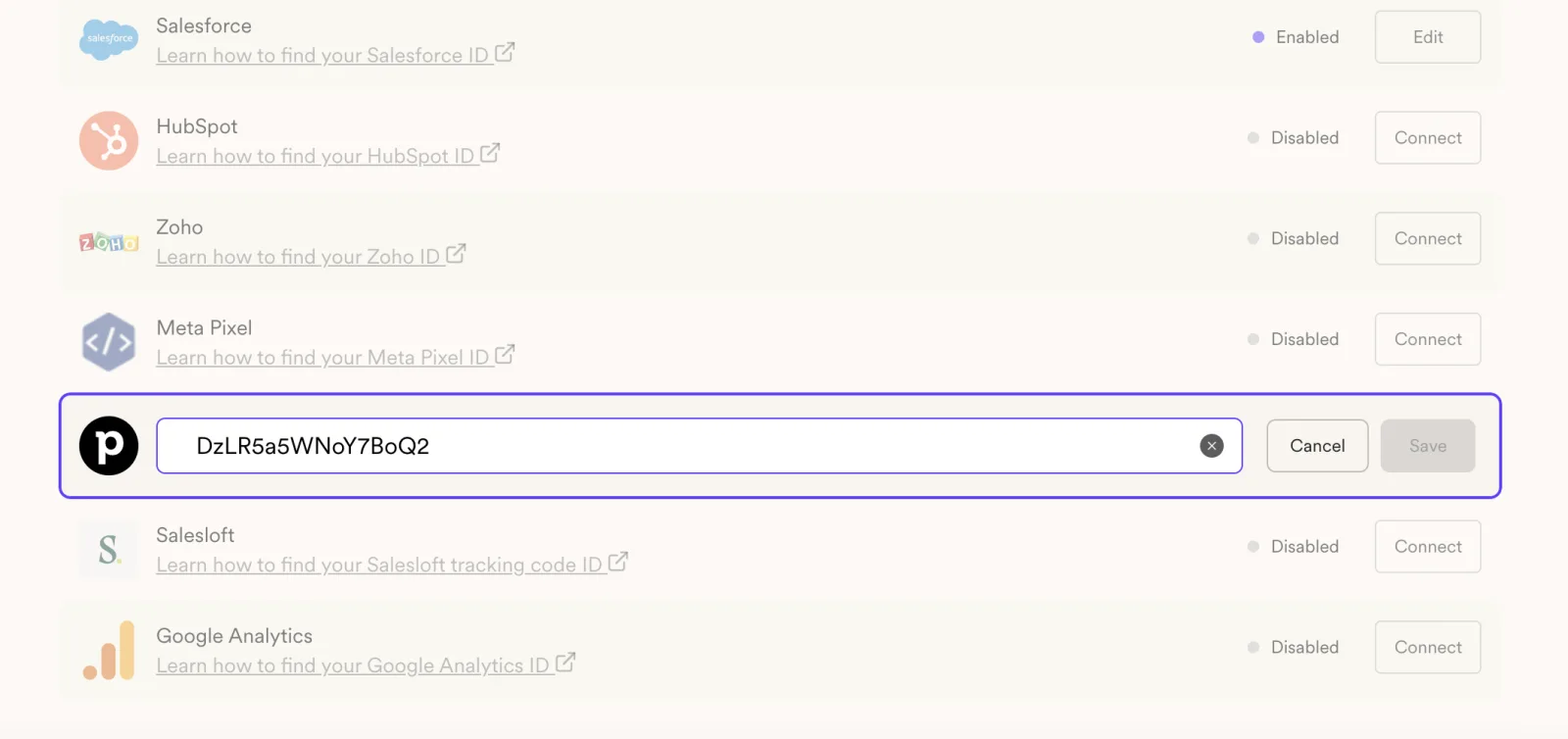 Sendspark CRM integrations list with the Pipedrive row open and a tracker ID pasted in