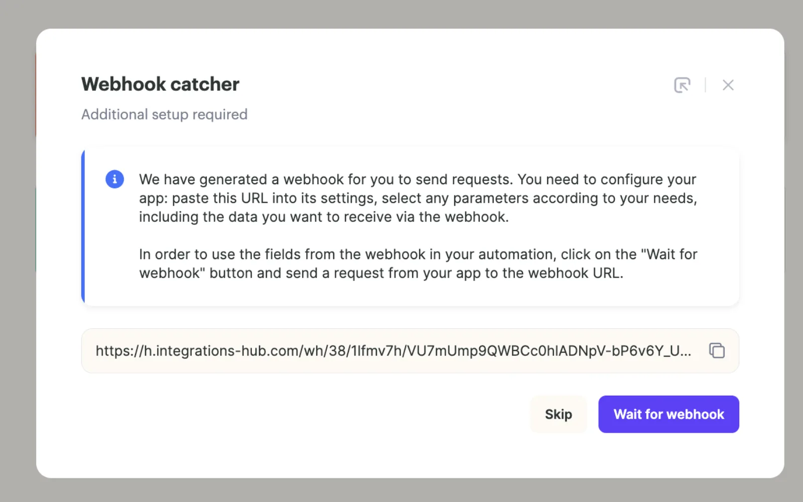 Sendspark Webhook catcher dialog with a generated webhook URL and Skip and Wait for webhook buttons