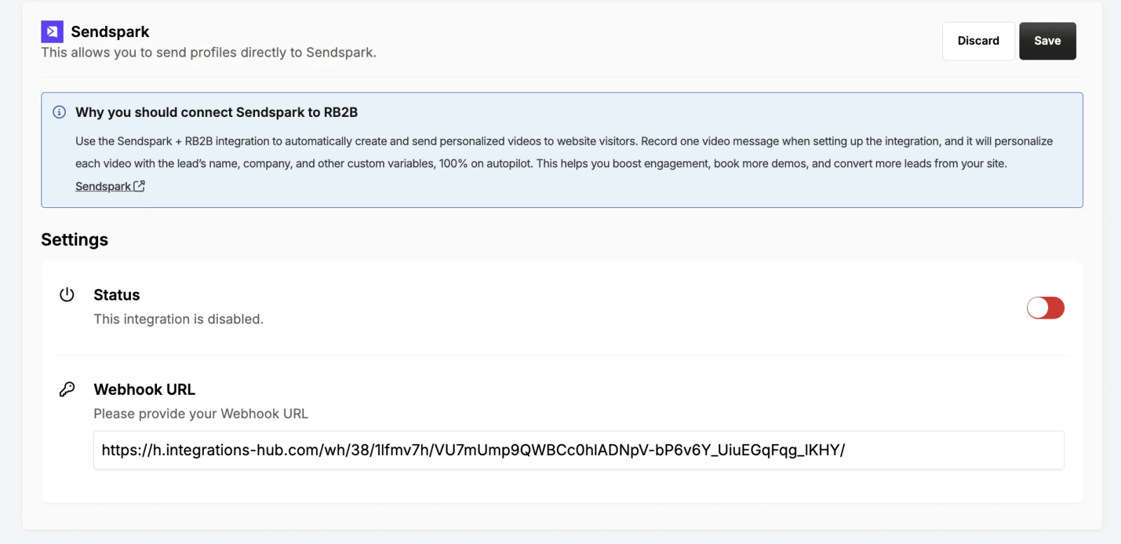 RB2B Sendspark integration settings with a Status toggle, a Webhook URL field and a Save button