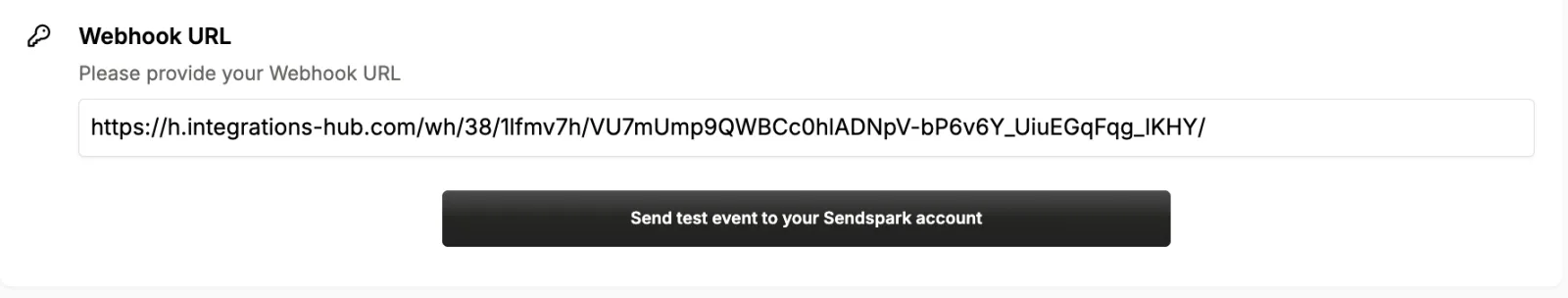 RB2B webhook URL field above the Send test event to your Sendspark account button