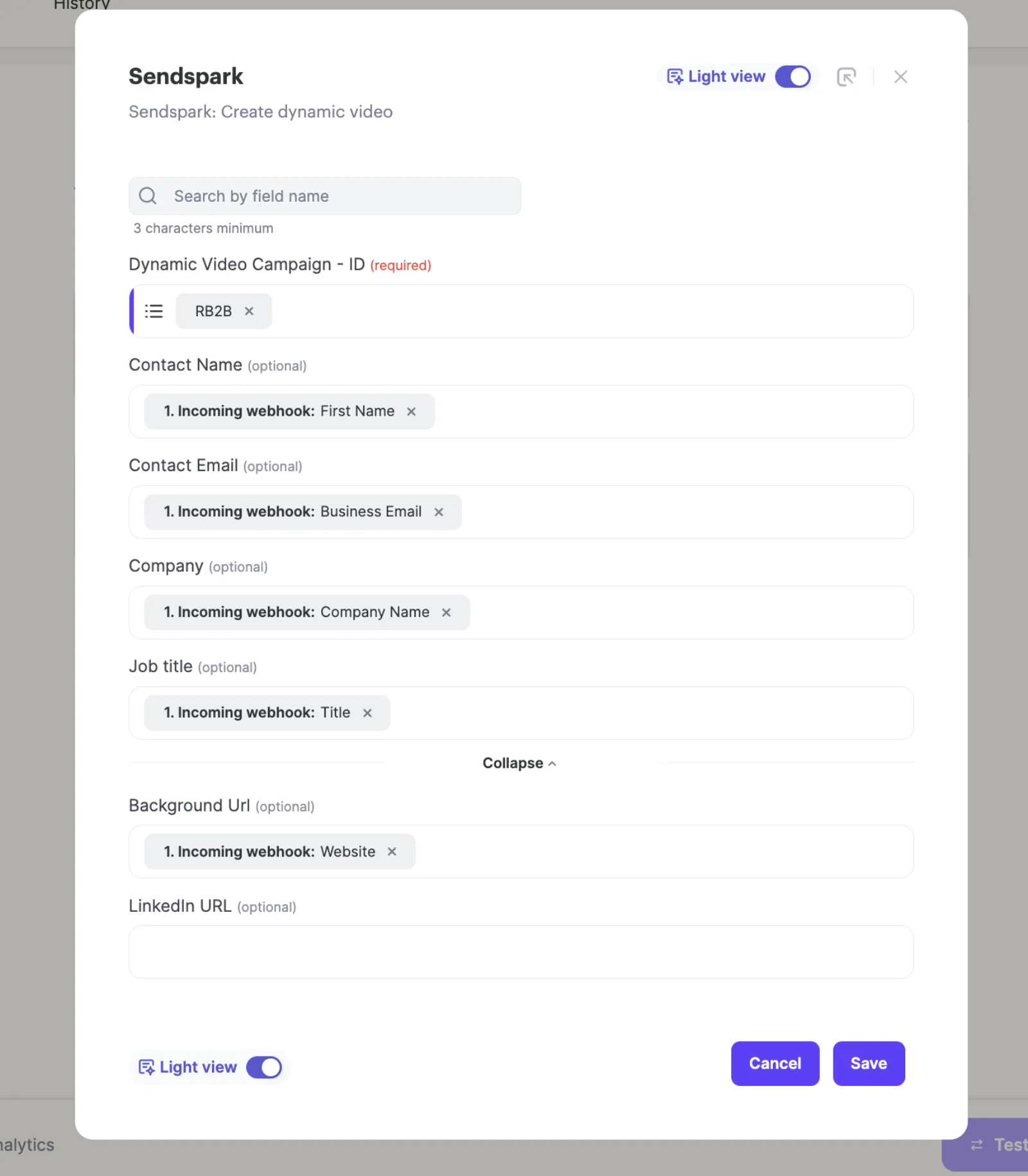 Sendspark Create dynamic video step mapping RB2B webhook fields to contact name, email, company, title and background URL