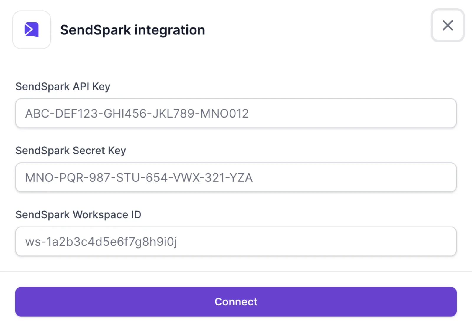 Salesforge SendSpark integration form with API Key, Secret Key and Workspace ID fields and a Connect button