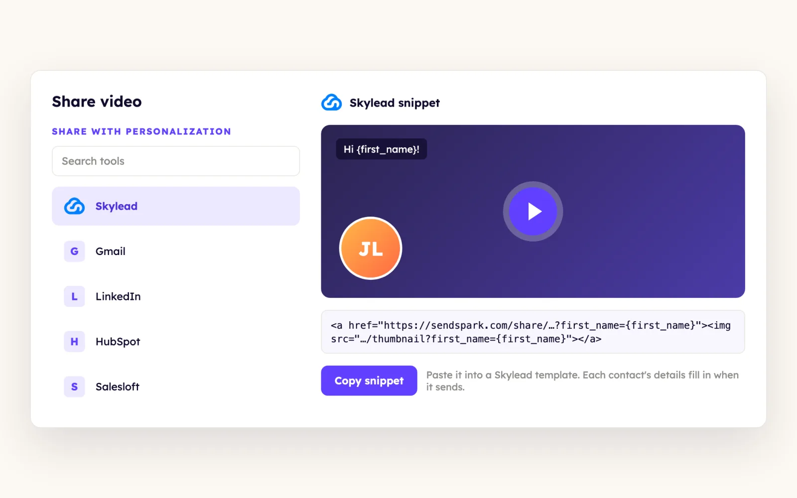 Sendspark share modal with Skylead selected under Share with Personalization and a Copy snippet button