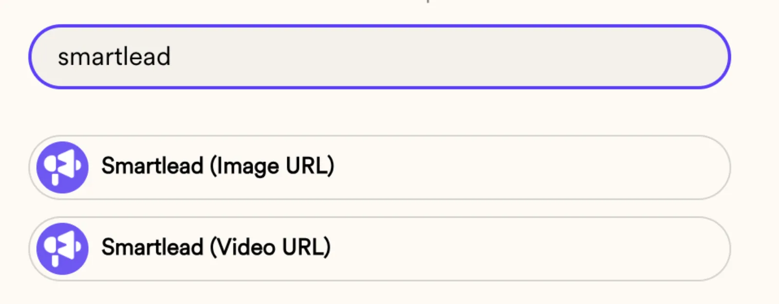 Sendspark share search for smartlead showing the Smartlead Image URL and Smartlead Video URL snippets
