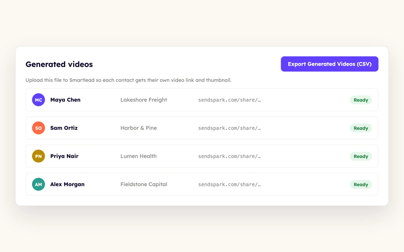 Generated videos for four contacts with an Export Generated Videos (CSV) button for uploading to Smartlead