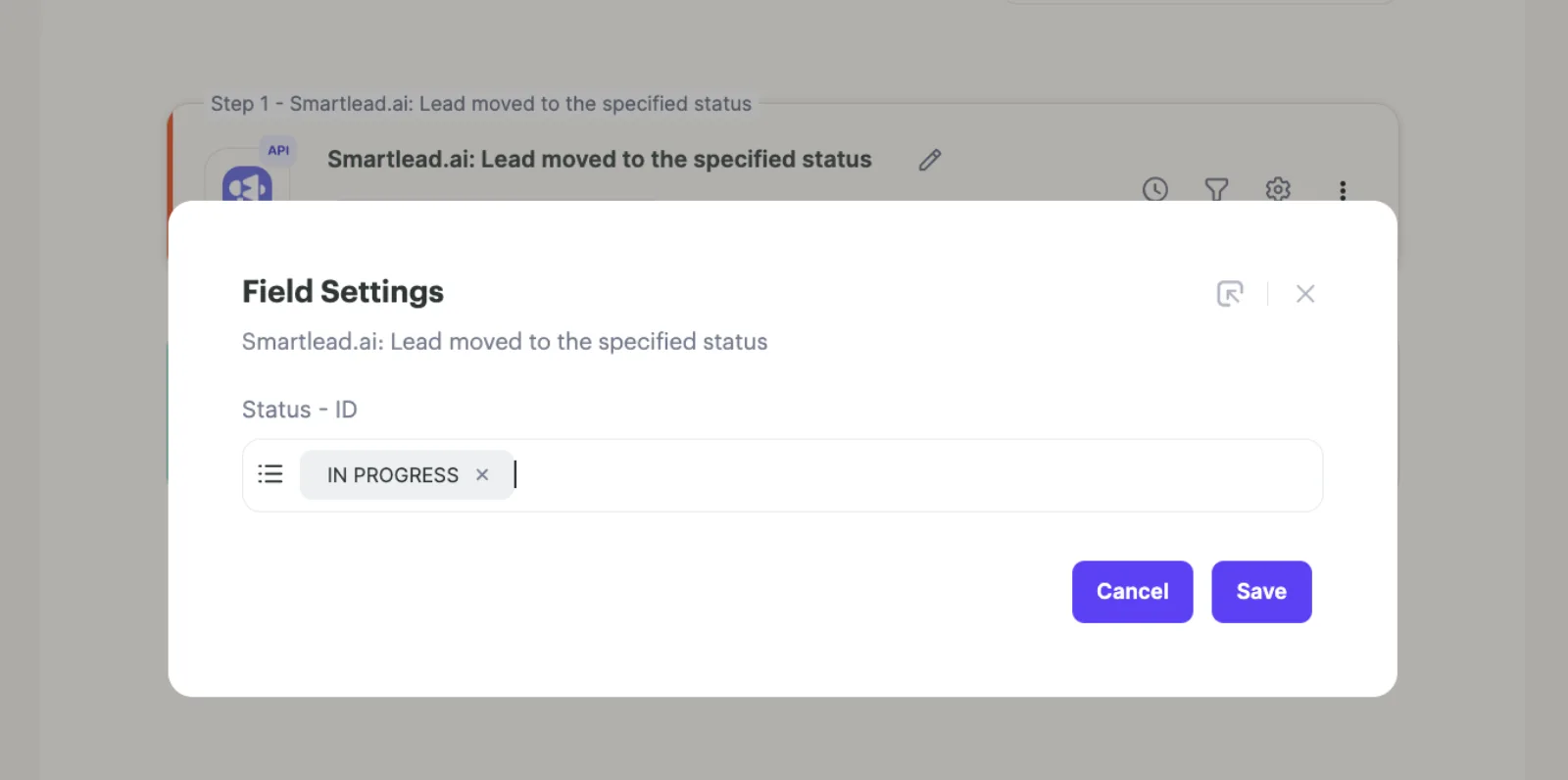 Field Settings for the Smartlead.ai Lead moved to the specified status trigger with IN PROGRESS selected