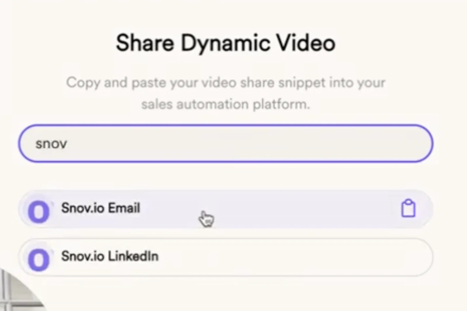 Sendspark Share Dynamic Video search for snov showing Snov.io Email and Snov.io LinkedIn options